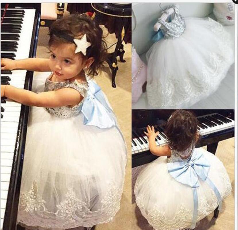 Girls Sequins Bubble Skirt Blue Bow Baby Girls Princess Dresses Lace Summer Dresses Sleeveless Cotton Vest Skirt 1-5T